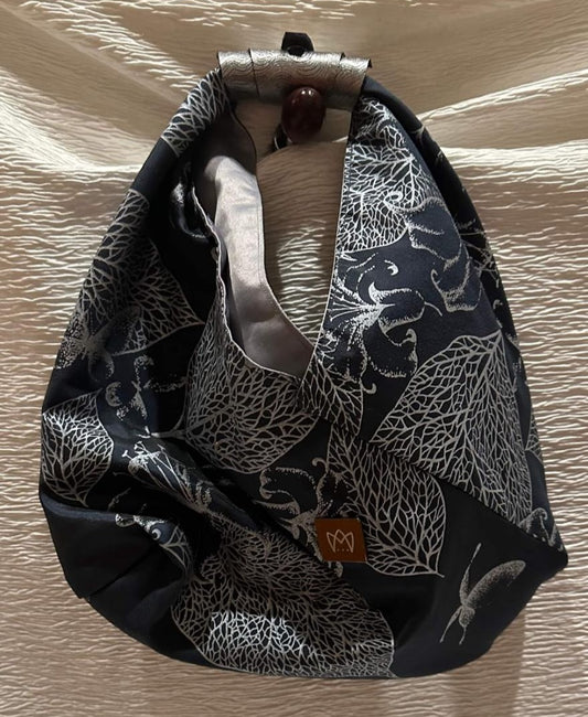 Silk Origami Bag - Black whit Flowers S